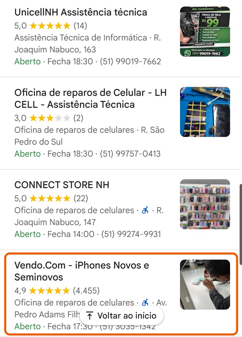 Print do Google Maps: a loja com 4.455 avaliações aparece depois de lojas com 1, 2, 14 e 22 avaliações