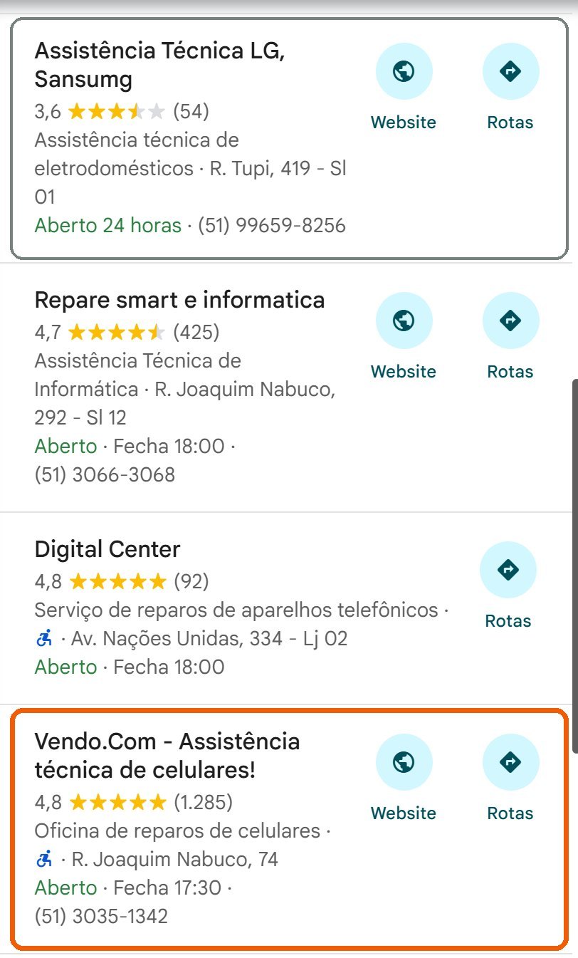 Print do Google Maps na busca assistência técnica em novo hamburgo: uma assistência de eletrodomésticos aparece antes da Vendo, que está em 7º