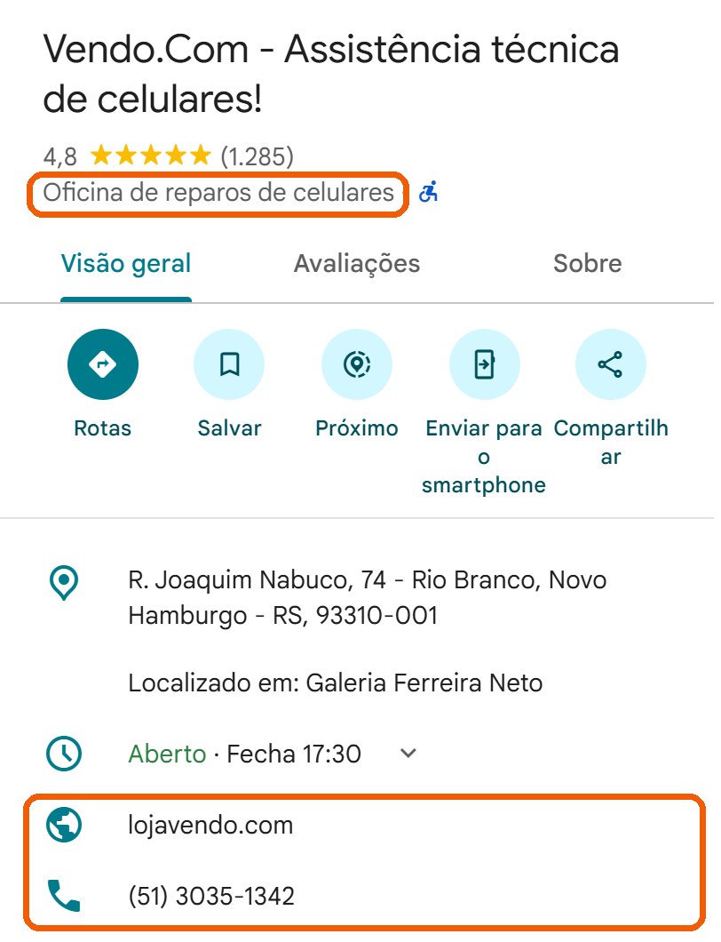 Print do perfil da assistência no Google: mesmo site e mesmo telefone