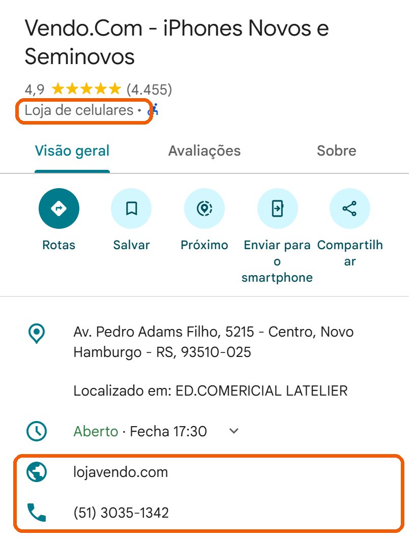 Print do perfil da loja no Google: categoria Loja de celulares, site lojavendo.com, telefone (51) 3035-1342